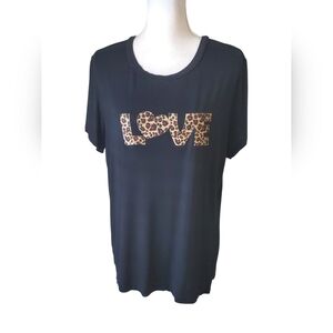 Solution Black Leopard Print LOVE Graphic Tee Short Sleeve Round Neck Size M